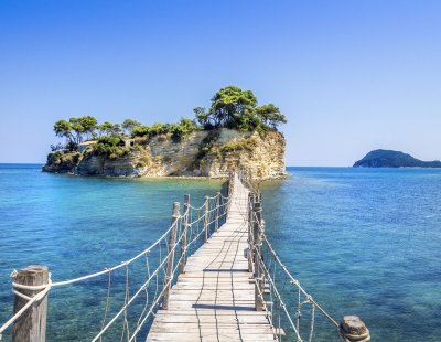 Wooden bridge across sea, Agios Sostis, Zakynthos, Greece