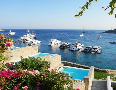 Overlooking Psarou harbour, Mykonos, Greece