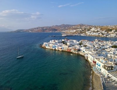 White  washed houses overlooking Mykonos coast