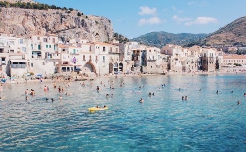 View of Taormina from sea, Sicily, Italy