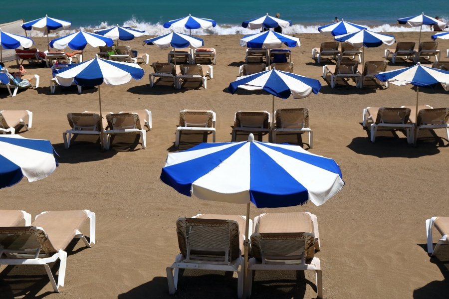 Puerto del Carmen beach with sun loungers, Lanzarote