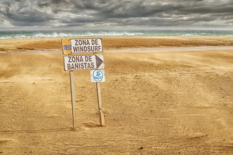 Wind surfing sign Fuerteventura beach, Canary Islands