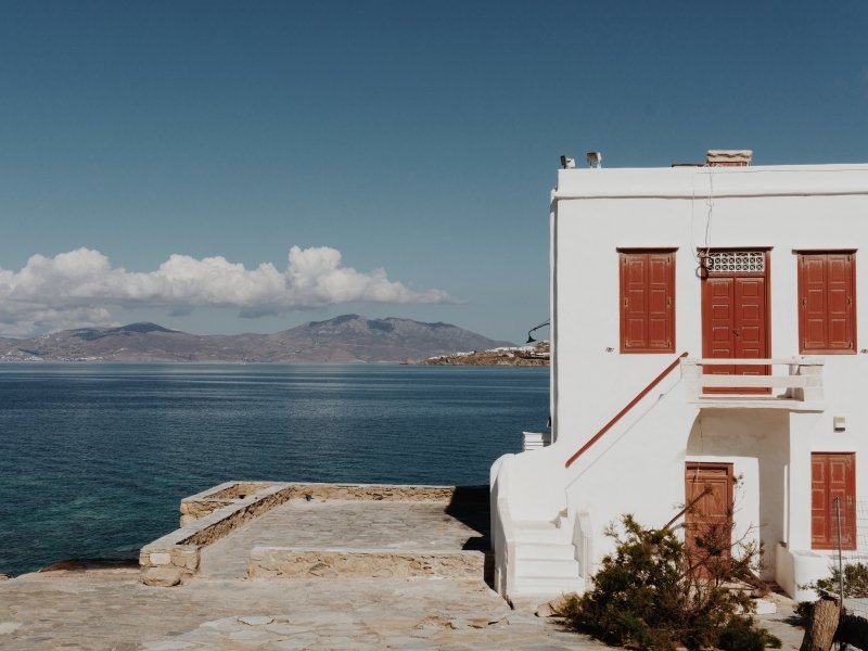 Museum overlooking coast, Agios Stefanos, Mykonos